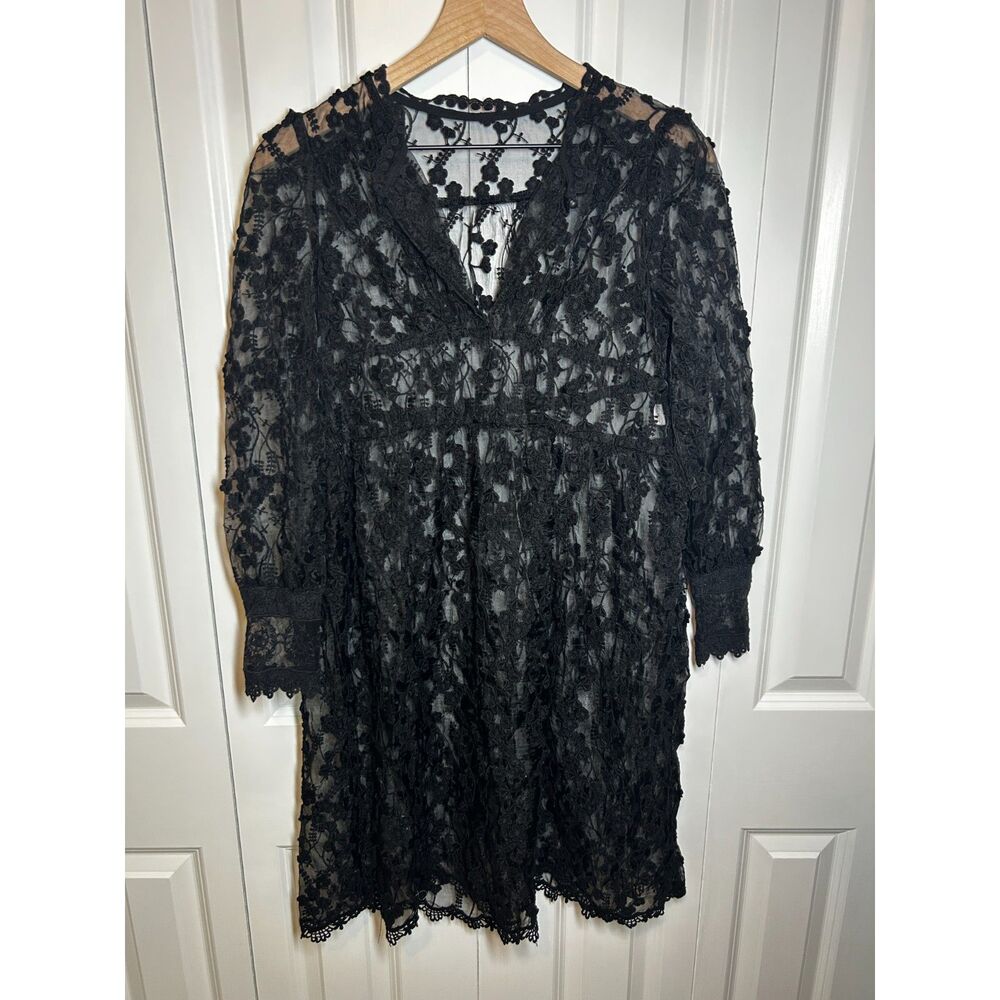 Vivi Company Black Sheer Floral Lace Overlay Mini Dress V-Neck Scalloped